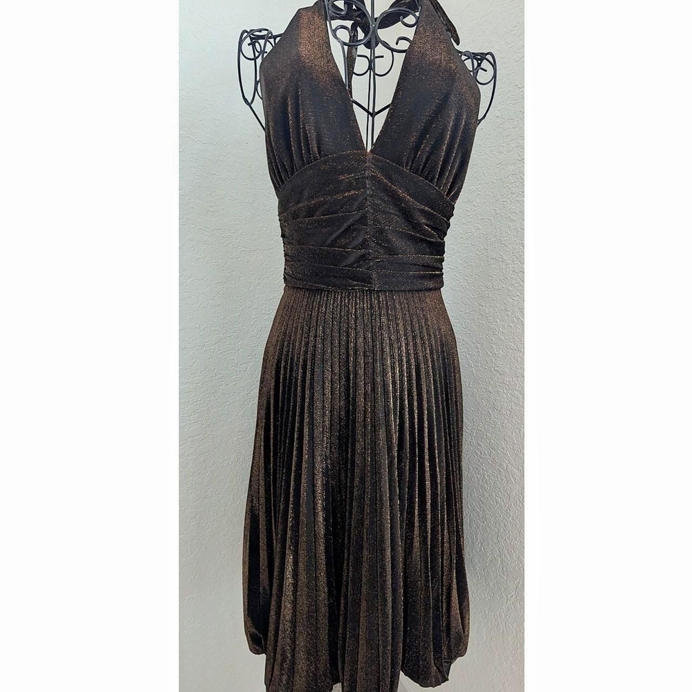 Vintage Cache Metallic Bronze Backless Pleated Ha… - image 6